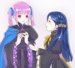  2girls :d bad_id bad_pixiv_id black_dress blue_bow blue_cape blue_hair blunt_bangs bow braid brooch cape commentary_request dress eye_contact flower frilled_sleeves frills hair_flower hair_ornament hairbow hannelore_(honzuki_no_gekokujou) honzuki_no_gekokujou jewelry kaji_akihiro long_hair long_sleeves looking_at_another multiple_girls myne_(honzuki_no_gekokujou) open_mouth pink_eyes pink_hair puffy_long_sleeves puffy_sleeves ring short_hair short_twintails side_cape simple_background smile standing twintails upper_body white_background wide_sleeves yellow_eyes 