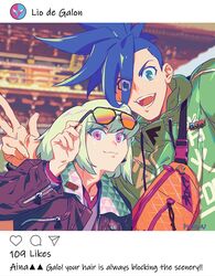  2boys adjusting_eyewear androgynous backpack bag blonde_hair blue_eyes blue_hair casual commentary_request english_text fake_screenshot galo_thymos green_hair instagram jacket lio_fotia male_focus multiple_boys promare pukun purple_eyes spiked_hair sunglasses 