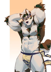  abs accessory alternate_version_at_source anthro bottomwear canid canine canis clothed clothing fur grey_body grey_fur hands_behind_head headband hi_res horkeu_kamui_(tas) lifewonders loincloth looking_at_viewer male mammal muscular muscular_anthro muscular_male nipples one_eye_closed seatohao solo tokyo_afterschool_summoners topless wolf yellow_eyes 