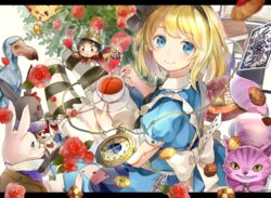  alice_(alice_in_wonderland) alice_in_wonderland apron back_bow bad_id bad_pixiv_id bird black_ribbon blonde_hair blue_dress blue_eyes book bow card checkerboard_cookie cheshire_cat_(alice_in_wonderland) commentary cookie crown cup dodo_(bird) dress female flower food glasses hair_ribbon hat hat_ornament heart heart_print highres holding holding_cup instrument letterboxed looking_at_viewer neck_ruff pantyhose pendant_watch piyo_(sqn2idm751) playing_card puffy_short_sleeves puffy_sleeves rabbit red_dress red_ribbon ribbon rose saucer scepter short_hair short_sleeves smile striped_clothes striped_pantyhose tea teacup trumpet watch white_bow white_rabbit_(alice_in_wonderland) 