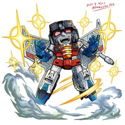  1boy chibi dated decepticon floating flying highres kamizono_(spookyhouse) mecha mechanical_wings no_humans open_hands open_mouth red_eyes robot solo starscream transformers transformers:_war_for_cybertron_trilogy twitter_username white_background wings 