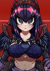  breasts closed_mouth collarbone criss-cross_halter eyelashes female fishnets frown grey_eyes hair_between_eyes hairband halterneck highres long_hair looking_at_viewer medium_breasts monster_hunter_(character) monster_hunter_(series) nargacuga_(armor) navel purple_hair red_background red_hairband red_pupils sakumochi_(pixiv4431677) solo straight-on 