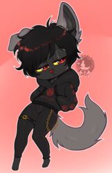  anthro black_body black_fur black_hair bottomwear canid canine canis chibi clothing denim denim_bottomwear denim_clothing domestic_dog fur grey_body grey_fur hair half-closed_eyes hand_in_pocket hi_res hoodie jeans male mammal moucchiato narrowed_eyes orange_background pants pockets simple_background solo topwear wallet_chain yellow_sclera 