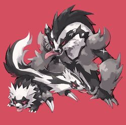  bad_id bad_twitter_id black_eyes claws colored_sclera commentary evolutionary_line galarian_linoone galarian_zigzagoon no_humans obstagoon oerba_yun_fang pokemon pokemon_(creature) red_background red_sclera simple_background smile symbol-only_commentary takase_(takase1214) tongue tongue_out 