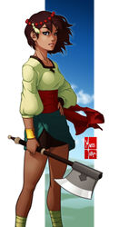  ajna_(indivisible) ankle_wrap artist_logo axe beads bike_shorts black_eyes black_hair black_shorts blue_sky bracelet brown_hair closed_mouth cloud cloudy_sky commentary dark-skinned_female dark_skin day eduardo_j._perez_m. english_commentary female frown hair_beads hair_ornament highres holding holding_axe holding_weapon indivisible jewelry long_sleeves looking_at_viewer outside_border sash shirt short_hair shorts skirt sky solo standing tied_skirt weapon white_shirt wind 