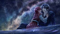  1boy :d absurdres akatsuki_no_yona cao_(cucurbita_k) closed_eyes collarbone dress dutch_angle earrings female hak_(akatsuki_no_yona) highres jewelry long_hair long_sleeves milky_way night open_mouth outdoors red_dress red_hair sky smile star_(sky) starry_sky wet wet_clothes white_sleeves yona_(akatsuki_no_yona) 