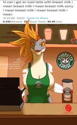  absurd_res anthro apron apron_only barista breasts clothing coffee_cup container count countershade_face countershade_torso countershading cup currency_amount currency_symbol dialogue dialogue_box dinosaur dollar_sign english_text extinct fangs female green_apron green_clothing hair heart_symbol hi_res holding_container holding_cup holding_object i_mean_breast_milk lagarts meme mostly_nude number outline_heart prehistoric_species price repeated_text reptile scalie solo species_in_dialogue symbol teeth text text_on_apron text_on_clothing time timestamp 