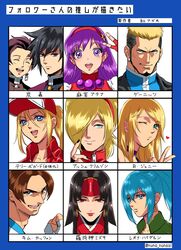  5boys 5girls asamiya_athena ash_crimson baseball_cap beniazumaru blonde_hair blue_eyes blue_hair bow commentary_request earrings facial_hair fatal_fury fatal_fury_cap followers_favorite_challenge freckles garou:_mark_of_the_wolves genderswap_(mtf) goenitz hairbow hat highres jenet_behrn jewelry kamado_tanjirou kim_kaphwan kimetsu_no_yaiba leona_heidern long_hair multiple_boys multiple_drawing_challenge multiple_girls ponytail purple_hair rashoujin_mizuki red_eyes rule_63 samurai_spirits snk_heroines:_tag_team_frenzy terry_bogard the_king_of_fighters the_king_of_fighters_&#039;98 tomioka_giyuu translated 