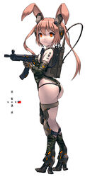  animal_ears arm_tattoo ass bare_shoulders boots breasts brown_hair camouflage_footwear camouflage_gloves camouflage_leotard chinese_commentary chinese_text commentary_request elbow_gloves fang_zhenjun fantasy female from_side full_body gloves gun high_heel_boots high_heels holding holding_gun holding_weapon knee_pads leotard long_hair looking_at_viewer looking_to_the_side military orange_eyes original parted_lips rabbit_ears republic_of_china_flag sidelocks simple_background small_breasts soldier solo submachine_gun tactical_clothes tattoo thigh_boots thighs thong_leotard translation_request two_side_up weapon 