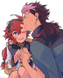  1boy asticassia_school_uniform black_hairband blue_eyes blush brown_hair female guel_jeturk gundam gundam_suisei_no_majo hair_between_eyes hairband highres jacket jacket_on_shoulders kissing kissing_forehead long_hair long_sleeves mullet multi-tied_hair multicolored_hair one_eye_closed own_hands_together pink_hair red_hair school_uniform short_hair_with_long_locks straight suletta_mercury sweatdrop two-tone_hair upper_body wakaya_hana white_background white_jacket 