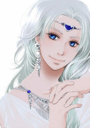  1boy arslan arslan_senki blue_eyes circlet daigoro_(mzkkkkk) earrings interlocked_fingers jewelry long_hair male_focus own_hands_together parted_bangs portrait smile solo star_(symbol) star_earrings white_background white_hair 