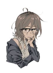  ahoge breasts brown_eyes brown_hair dagashi_kashi female glasses highres jacket kotoyama looking_at_viewer medium_hair open_mouth owari_hajime semi-rimless_eyewear shirt simple_background solo upper_body white_background 