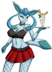  alternative_fashion anthro anthrofied beverage canid clothing collar eeveelution female fishnet_clothing generation_4_pokemon glaceon heart_print heart_symbol hi_res holding_object mammal milkshake navel navel_piercing nintendo piercing pokemon pokemon_(species) pokemorph punk serving serving_beverage serving_milkshake solo spiked_collar spikes waiter 