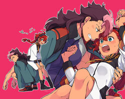  1boy ahoge anger_vein aqua_eyes asticassia_school_uniform black_footwear black_hairband blush boots breasts brown_hair carrying clenched_teeth female full_body green_jacket guel_jeturk gundam gundam_suisei_no_majo hairband jacket jacket_on_shoulders long_hair medium_breasts mullet multi-tied_hair multicolored_hair multiple_views open_mouth pink_background pink_hair princess_carry red_hair school_uniform short_hair_with_long_locks shorts sitting sitting_on_person squatting straight suletta_mercury sweatdrop teeth two-tone_hair upper_body upper_teeth_only wakaya_hana white_jacket white_shorts 