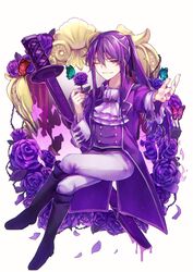  1boy aqua_butterfly aryuma772 ascot black_footwear blood boots bug butterfly curtains evillious_nendaiki fire flower green_butterfly hair_ribbon highres jacket kamui_gakupo katana kneehighs long_hair looking_at_viewer male_focus one_eye_closed petals pink_butterfly ponytail purple_blood purple_fire purple_flower purple_hair purple_jacket purple_nails purple_rose red_butterfly ribbon rose runes sateriasis_venomania sidelocks sitting smile socks solo sword thorns venom_sword venomania_kou_no_kyouki_(vocaloid) vessel_of_sin vocaloid weapon 