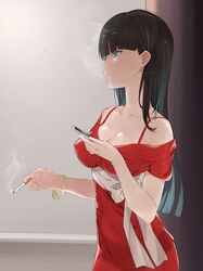  absurdres bad_id bad_twitter_id bangle black_hair blue_eyes bracelet breasts cellphone cigarette dress female highres jewelry mitsudoue multicolored_hair phone red_dress smartphone smoke smoking two-tone_hair 