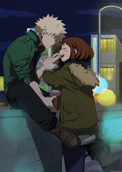  1boy artist_name bakugou_katsuki black_pants black_shirt blonde_hair blue_pants blush_stickers boku_no_hero_academia boots brown_footwear brown_hair building cheek_pinching cheek_pull closed_eyes commentary cross-laced_footwear cup disposable_cup english_commentary female fur-trimmed_jacket fur_trim green_jacket highres holding holding_another&#039;s_wrist holding_cup holding_hands hood hooded_jacket jacket krumbs_(dailykrumbs) lace-up_boots lamppost lens_flare looking_at_another night night_sky outdoors pants photoshop_(medium) pinching pocket red_eyes saliva shirt short_hair sidelocks sitting sky spiked_hair straight uraraka_ochako 