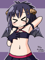  &gt;_&lt; armpits bare_shoulders black_gloves black_hair black_skirt black_wings blush breasts cleavage closed_eyes closed_mouth commentary_request crop_top curled_horns dated demon_girl demon_horns demon_wings facing_viewer female gabriel_dropout gloves hair_between_eyes hair_ornament hairclip hallelujah_essaim hana_kazari hand_up highres horns long_hair navel outline pleated_skirt purple_background purple_outline skirt small_breasts smile solo translation_request two-tone_background vignette_tsukinose_april wings x_hair_ornament 