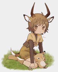  animal_ears ankle_boots ayu_(mog) blush boots bow bright_pupils brown_bow brown_eyes brown_footwear brown_hair brown_shorts closed_mouth female full_body gazelle_ears gazelle_horns gazelle_tail grass layered_sleeves long_sleeves looking_at_viewer original short_hair short_over_long_sleeves short_sleeves shorts signature simple_background sitting solo stuffed_animal stuffed_toy wariza white_background 