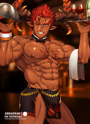  1boy abs arkapami bara bulge chest_tattoo collarbone curled_horns dark-skinned_male dark_skin demon_boy demon_horns horns ifrit_(housamo) male_focus muscular muscular_male nipples orange_eyes pectorals pointy_ears red_hair solo spiked_hair tattoo thick_thighs thighs tokyo_afterschool_summoners tray 