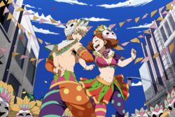  1boy arm_behind_back artist_name bakugou_katsuki bare_shoulders blonde_hair blue_sky boku_no_hero_academia bra bracelet brown_hair building clenched_hands closed_eyes commentary confetti dancing day detached_sleeves english_commentary female festival frilled_bra frilled_skirt frills highres jewelry krumbs_(dailykrumbs) locked_arms looking_at_another mask mask_on_head navel open_mouth outdoors pantyhose pennant polka_dot polka_dot_legwear purple_scrunchie red_eyes scrunchie short_hair sidelocks skirt sky smile spiked_hair striped_clothes striped_pantyhose teeth traffic_light underwear uraraka_ochako 