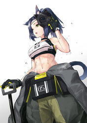  arknights bare_shoulders bkko black_gloves blue_hair blush breasts cat_tail commentary feline female gloves green_eyes highres holding jessica_(arknights) jessica_(iron_block)_(arknights) large_breasts mask midriff navel official_alternate_costume open_mouth photoshop_(medium) short_hair simple_background solo tail two-tone_gloves white_background yellow_gloves 