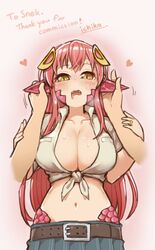  1boy belt belt_buckle blush breasts buckle collarbone commentary_request commission drooling ear_fondling eargasm fangs female grabbing_another&#039;s_ear hair_ornament hairclip hand_on_another&#039;s_ear heart highres ichika_(ichika_manga) jewelry lamia large_breasts long_hair looking_at_viewer midriff miia_(monster_musume) monster_girl monster_musume_no_iru_nichijou navel open_mouth pointy_ears pov pov_hands red_hair ring scales shirt skeb_commission skirt solo_focus straight sweat tied_shirt uncommon_stimulation wedding_ring yellow_eyes 