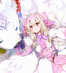  ainu_clothes artist_name bear fate/grand_order fate_(series) female fingerless_gloves gloves hairband illyasviel_von_einzbern long_hair low-tied_long_hair lying namie-kun on_back polar_bear shirou_(fate/grand_order) sitonai sleeping smile wide_sleeves 