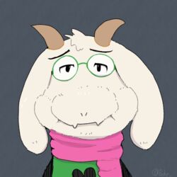  1:1 2021 anthro boke_(artist) bovid caprine clothing cute_fangs deltarune digital_media_(artwork) eyewear fur glasses goat half-closed_eyes horn humor male mammal meme narrowed_eyes ralsei scarf shirt signature simple_background solo swollen topwear undertale_(series) white_body white_fur 