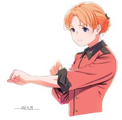  artist_name black_bow blue_eyes bow braid clenched_hand closed_mouth commentary cropped_torso dated epaulettes female frown girls_und_panzer hairbow horikou insignia jacket long_sleeves looking_to_the_side military military_uniform one-hour_drawing_challenge orange_hair orange_pekoe_(girls_und_panzer) parted_bangs red_jacket rolling_sleeves_up short_hair signature simple_background sleeves_rolled_up solo st._gloriana&#039;s_military_uniform tied_hair twin_braids uniform upper_body white_background 