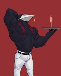  1boy 9klipse abs arm_behind_back bara belt bird_boy bird_mask black_belt champagne_flute cup deltarune drinking_glass english_commentary feathers furry furry_male highres holding holding_tray male_focus mask necktie pants pectorals red_background red_necktie sparkle swatchling_(deltarune) topless_male tray undone_necktie white_pants 