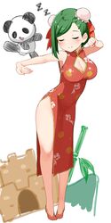  armpits bare_arms bare_legs bare_shoulders boruhis breasts bun_cover china_dress chinese_clothes cleavage cleavage_cutout closed_eyes closed_mouth clothing_cutout commentary dress facing_viewer female flats floral_print green_hair highres idolmaster idolmaster_shiny_colors large_breasts nanakusa_hazuki panda pelvic_curtain red_dress red_footwear sand_castle sand_sculpture short_hair sleeveless sleeveless_dress smile solo thighs white_background 