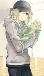  :3 animal animalization bang_dream! baseball_cap black_headwear black_pants clothes_writing commentary_request cowboy_shot drawstring feline female green_cat green_eyes green_hair grey_hoodie hat hikawa_hina hikawa_sayo holding holding_animal holding_cat hood hood_down hoodie indoors long_sleeves looking_at_viewer mikan-uji pants reflective_floor short_hair wooden_floor 