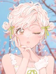  43_pon artist_name bare_shoulders blurry blurry_background braid breasts cherry_blossoms collarbone commentary day double_bun dress eyelashes falling_petals female flower french_braid green_nails green_ribbons hair_bun hair_ribbon hand_on_own_cheek hand_on_own_face hands_up highres light_blush lips messy_hair nail_polish on_nose one_eye_closed original outdoors parted_lips petals pink_eyes pink_flower pink_hair ribbon short_hair sky small_breasts solo swept_bangs symbol-only_commentary upper_body white_dress wristband 