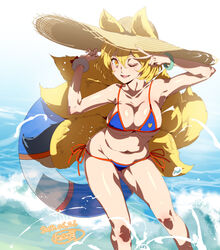  alternate_costume animal_ears belly bikini blonde_hair blue_bikini breasts commentary_request cosplay curvy fat_rolls fate/grand_order fate_(series) female fox_ears fox_tail hat large_breasts looking_at_viewer multiple_tails nyuu_(manekin-eko) one_eye_closed partial_commentary plump solo straw_hat swimsuit tail tamamo_(fate) tamamo_no_mae_(swimsuit_lancer)_(fate) tamamo_no_mae_(swimsuit_lancer)_(fate)_(cosplay) thick_thighs thighs touhou wide_hips yakumo_ran yellow_eyes 