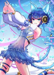  animal_ears bare_shoulders blue_eyes blue_hair cat_ears cat_tail covered_navel cracking_knuckles crop_top detached_sleeves duel_monster feet_out_of_frame female hands_up highres long_sleeves midriff multiple_tails navel ni-ni_the_mirror_mikanko noppe short_hair_with_long_locks sidelocks skirt solo tail two_tails yu-gi-oh! 