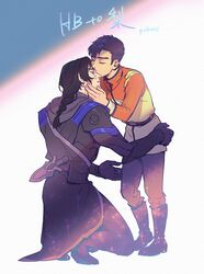  2boys aged_down aged_up black_hair braid commentary_request crying dagger highres keith_(voltron) kissing kissing_forehead knife lolicon long_hair male_focus multiple_boys pukun scar sheath sheathed takashi_shirogane tears time_paradox uniform voltron:_legendary_defender voltron_(series) weapon 