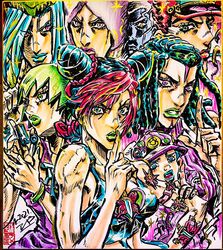  3girls 5boys alternate_hair_color arm_tattoo armband ashiya_kouhei baseball_cap blue_eyes blue_hair blue_lips bracelet braid braided_bun braided_ponytail butterfly_tattoo clenched_teeth commentary_request dated double_bun dreadlocks emporio_alnino enrico_pucci ermes_costello eyes_visible_through_hair facial_mark finger_cannon finger_to_mouth fingernails foo_fighters_(jojo) foo_fighters_(stand) green_eyes green_hair green_headwear green_lips green_nails hair_bun hand_up hat highres index_finger_raised jewelry jojo_no_kimyou_na_bouken kujo_jolyne kujo_jotaro long_hair looking_at_viewer multiple_boys multiple_girls narciso_anasui pink_hair purple_eyes purple_headwear purple_lips red_hair red_headwear red_lips seal_impression short_hair shushing signature sleeveless stone_ocean tattoo teeth very_short_hair weather_report white_hair 