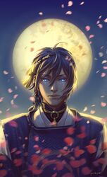  1boy bishounen blue_eyes blue_hair circlet commentary_request full_moon glowing glowing_eyes japanese_clothes male_focus mikazuki_munechika moon petals pukun sayagata solo touken_ranbu 