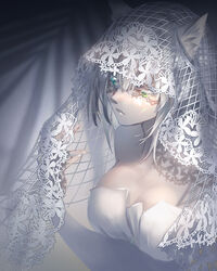  animal_ear_fluff animal_ears aqua_eyes arknights bare_shoulders breasts cat_ears cleavage dress ears_through_headwear eyelashes female fingernails from_above from_side green_eyes grey_background hand_up heterochromia kal&#039;tsit_(arknights) lace_veil large_breasts mizukai solo strapless strapless_dress upper_body veil wedding_dress 