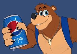  4_fingers anthro backpack banjo-kazooie banjo_(banjo-kazooie) bear beverage beverage_can biped blue_background blue_eyes brown_body brown_fur can claws container dinonugget_bird finger_claws fingers fur hi_res holding_beverage holding_can holding_container holding_object looking_at_viewer male mammal pepsi rareware simple_background smile solo tooth_necklace 