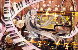  absurdres azur_lane bare_shoulders beamed_eighth_notes breasts candle chinese_commentary commentary doily dress eighth_note female fine_art_parody flower formidable_(azur_lane) frilled_dress frills grey_hair gudadan hair_ribbon highres instrument large_breasts long_hair looking_back musical_note parody piano red_eyes ribbon sheet_music sideboob sitting sixteenth_note smile solo the_scream treble_clef twintails two-tone_dress two-tone_ribbon upright_piano very_long_hair 