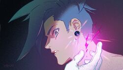  1boy blue_eyes blue_hair close-up commentary_request disco_ball earrings fire galo_thymos jewelry male_focus promare pukun purple_fire purple_pupils solo_focus spiked_hair 