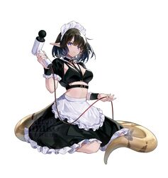  apron arknights black_hair dress eunectes_(arknights) female frilled_apron frilled_dress frills grey_eyes highres inuko_(redconstellation) maid_apron maid_headdress massager pointy_ears simple_background sitting snake_tail solo tail white_apron white_background 