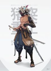  1boy abs armor big.c bit_gag boar_mask checkered_sash commentary_request cyberpunk cyborg dual_wielding full_body gag hanafuda hashibira_inosuke highres holding holding_sword holding_weapon japanese_armor japanese_clothes katana kimetsu_no_yaiba male_focus mask mechanical_arms mechanical_legs mechanical_parts pectorals prosthesis science_fiction single_mechanical_arm solo standing sword toned toned_male weapon 