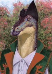  2023 anthro beak black_clothing black_hat black_headwear blue_markings brown_body brown_scales bust_portrait button_(fastener) clothed clothing collared_shirt digital_media_(artwork) digital_painting_(artwork) dinosaur dyna_soar edmontosaurus extinct fantasy flower green_clothing green_jacket green_markings green_topwear hadrosaurid hat headgear headwear hi_res impressionist_background jacket looking_at_viewer male markings montera multicolored_body ornithischian ornithopod outside plant portrait prehistoric_species red_clothing reptile saurian_(disambiguation) scales scalie signature sky solo spain standing three-quarter_view topwear yellow_eyes 