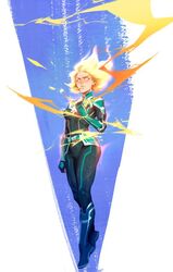  blonde_hair bodysuit boots captain_marvel captain_marvel_(film) carol_danvers female fiery_hair floating floating_hair glowing glowing_eyes glowing_hair marvel marvel_cinematic_universe pukun solo superhero_costume yellow_eyes 