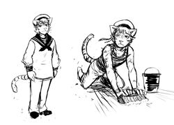  2022 anthro bucket cleaning clothing container domestic_cat felid feline felis hi_res hladilnik kneeling male mammal monochrome on_ground sailor sailor_uniform scrubbing ship&#039;s_catboy_(hladilnik) shirt solo tank_top topwear 