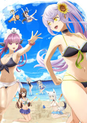  6+girls armpits azur_lane bare_shoulders beach bikini black_bikini black_ribbon blue_sky breasts cameltoe cleavage cloud collarbone flower frilled_bikini frills hair_flower hair_ornament hair_ribbon highres hololive maid_headdress medium_breasts minato_aqua multiple_girls murasaki_shion nakiri_ayame natsuiro_matsuri navel nev_(nevblindarts) ocean official_alternate_costume ookami_mio outdoors purifier_(azur_lane) purple_eyes purple_hair ribbon sand sand_castle sand_sculpture shirakami_fubuki siren_(azur_lane) sky stomach sunflower sunflower_hair_ornament swimsuit tokino_sora water yellow_eyes 