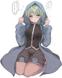  aroused bare_legs black_shirt blue_jacket blush breasts commentary_request covered_nipples dot_nose eyelashes female full_body genderswap_(otf) green_eyes green_hair grey_shorts hands_on_headwear heart highres hood hood_up hooded_jacket jacket kneeling len&#039;en long_sleeves looking_at_viewer open_clothes open_jacket open_mouth ougi_hina rule_63 shirt shitodo_aoji short_hair shorts simple_background smile solo speech_bubble thighs translation_request white_background 